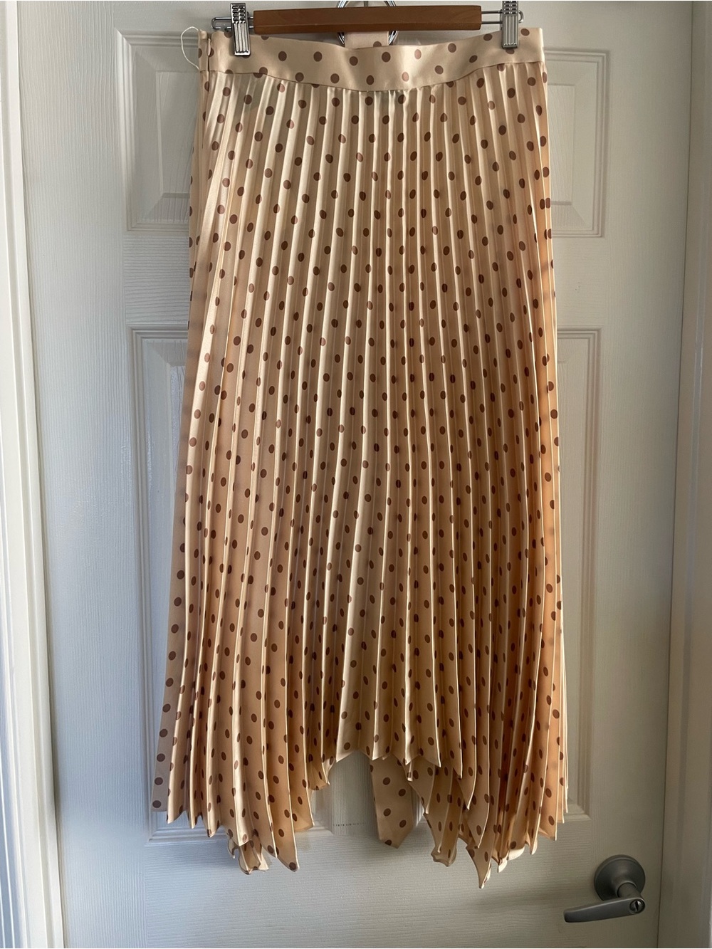 Sandro Beige Pleated Asymmetrical Midi Skirt with Brown Polka Dots